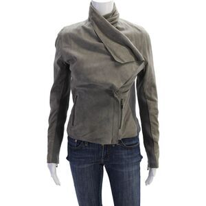Vince Womens Leather Collared Two Pocket Long Sleeve Zip Up Jacket Gray Size S
